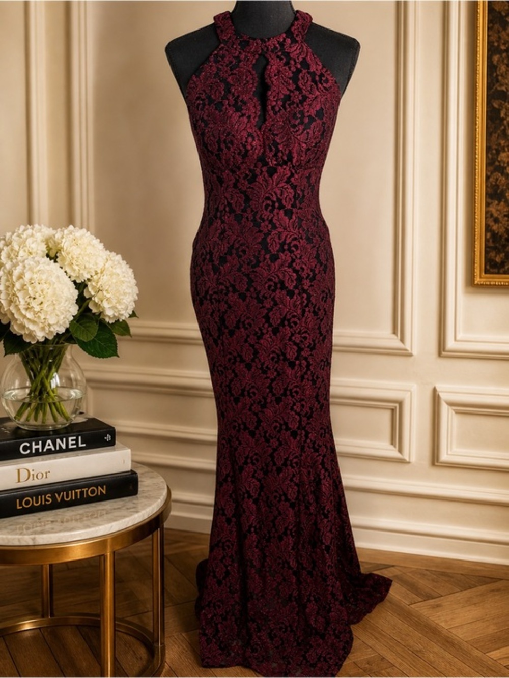 Night Way Collections Burgundy Lace Halter Maxi Dress